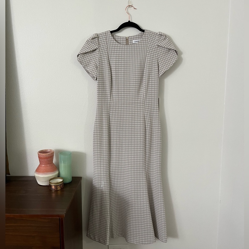 Calvin Klein Tan Checkered Midi Dress